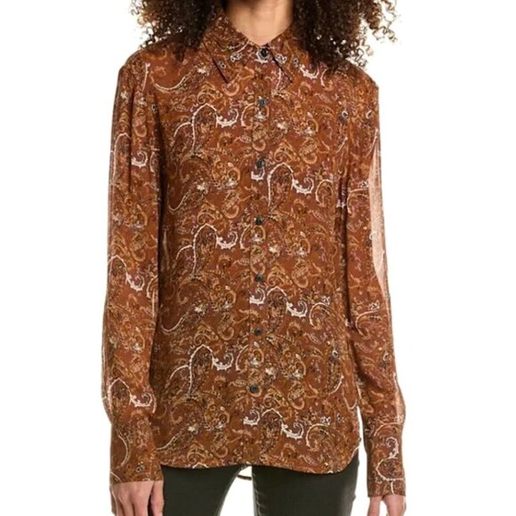 RAG & BONE Antonia Paisley Button Up Long Sleeve Blouse Shirt Brown